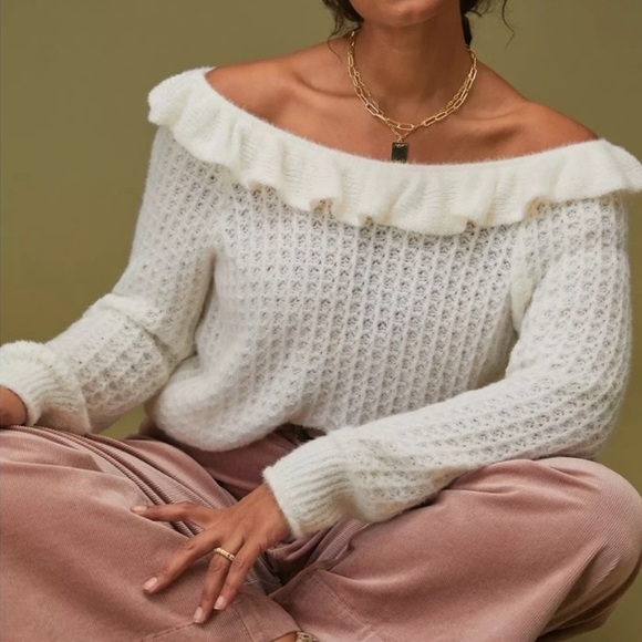 🤍Anthro Wool Blend Waffle Knit Boatneck Ruffle Sweater 🤍 - Picture 4 of 10